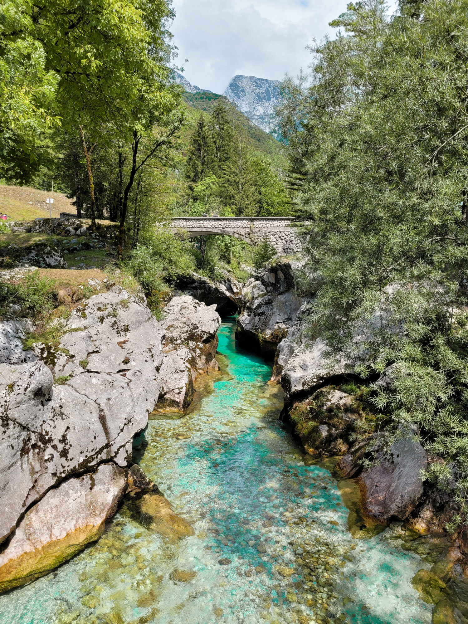 Les eaux turquoises de la rivière Soca, vue depuis les gorges, Slovénie