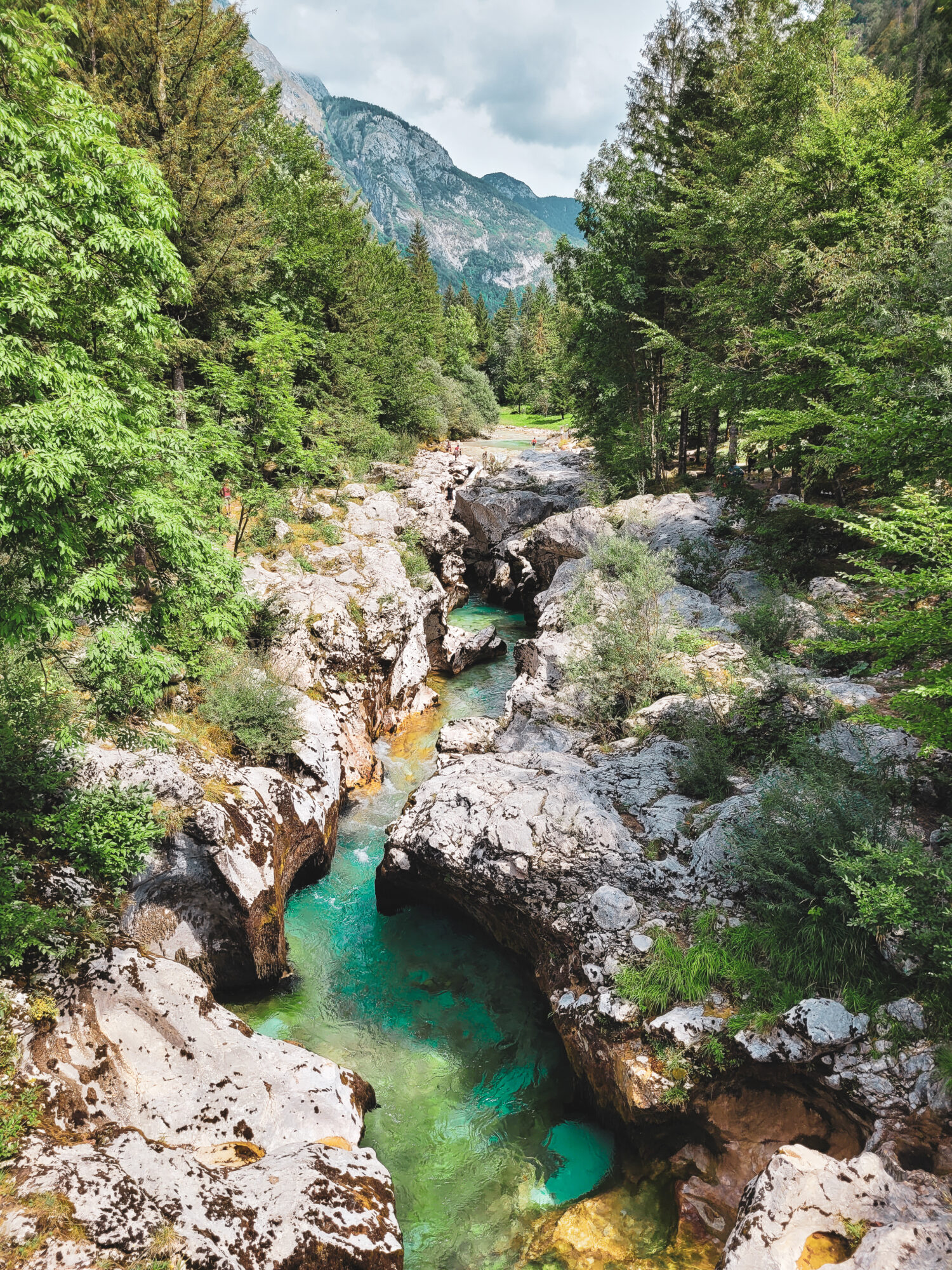 Les eaux turquoises de la rivière Soca, vue depuis les gorges, Slovénie
